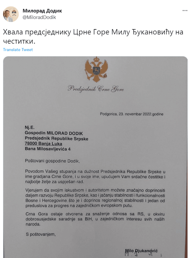 Tvit Milorada Dodika - Avaz
