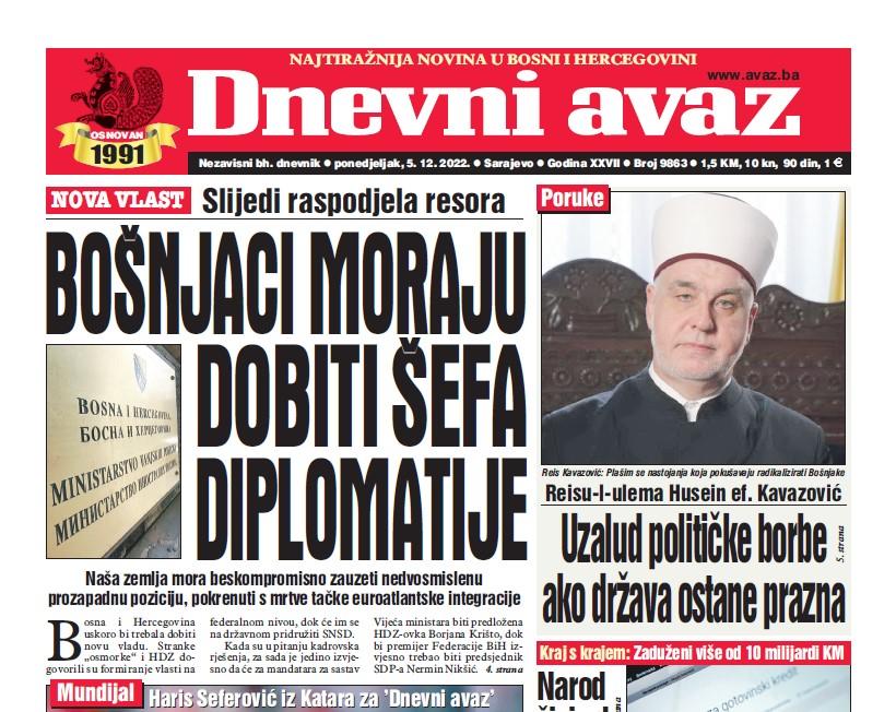 Danas u "Dnevnom avazu" čitajte: Bošnjaci moraju dobiti šefa diplomatije