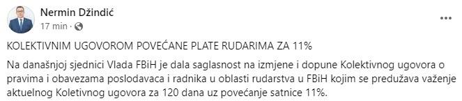 Objava ministra Džindića na Facebooku - Avaz
