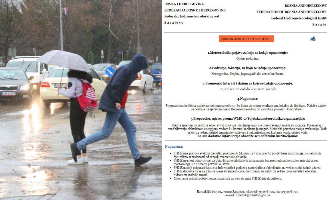 FHMZ izdao narandžasto upozorenje: Očekuju nas obilne padavine, moguće poplave