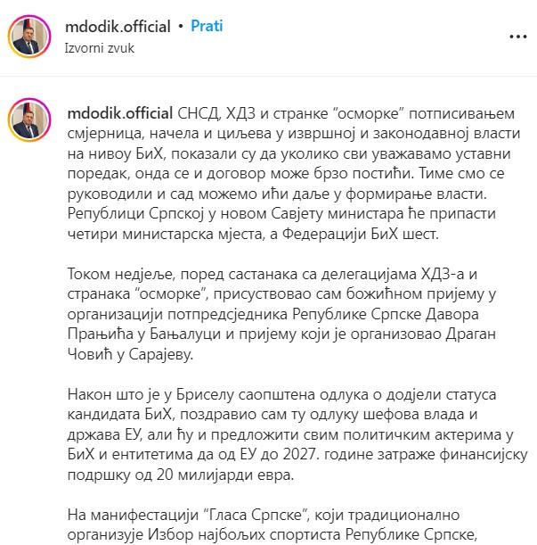 Objava Milorada Dodika na Instagramu - Avaz