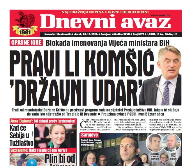 Danas u "Dnevnom avazu" čitajte: Pravi li Komšić "državni udar"