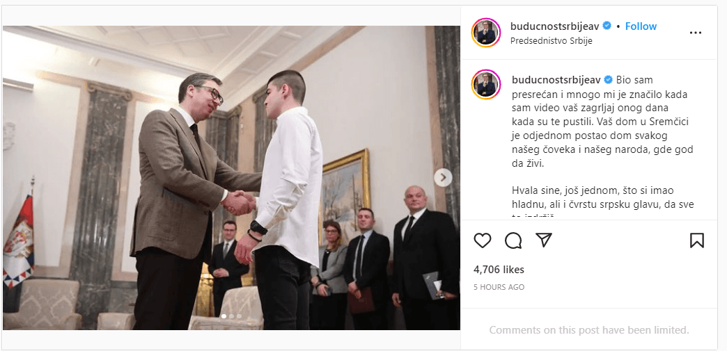 Objava Aleksandra Vučića na Instagramu - Avaz