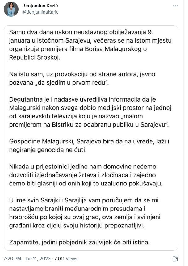 Objava Benjamine Karić - Avaz