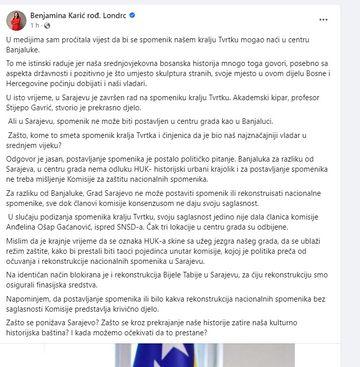 Facebook status Benjamine Karić - Avaz