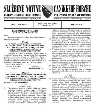 Ukaz o proglašenju Zakona o postupku vanredne uprave u privrednom društvu Nova Željezara Zenica - Avaz