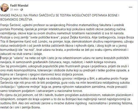 Facebook status Fadila Mandala - Avaz