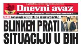 U današnjem "Dnevnom avazu" čitajte: Blinken prati situaciju u BiH