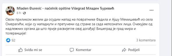 Facebook status Mladena Đurevića - Avaz