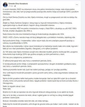 Facebook status Elmedina Konakovića - Avaz