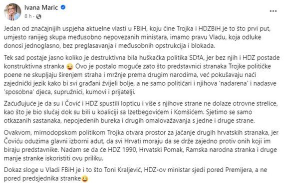 Objava Marić na Facebooku - Avaz