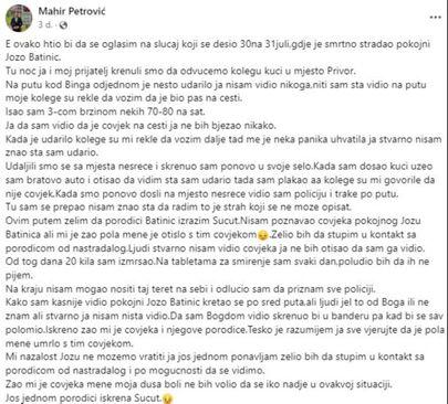 Objava Mahira Petrovića na Facebooku - Avaz