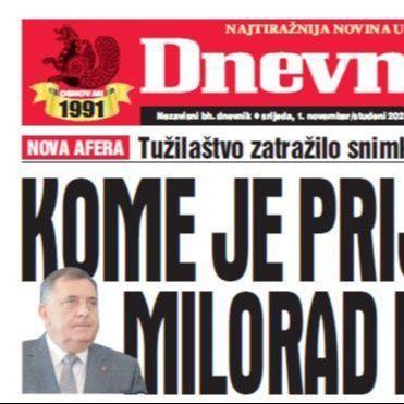 U današnjem "Dnevnom avazu" čitajte: Kome je prijetio Milorad Dodik