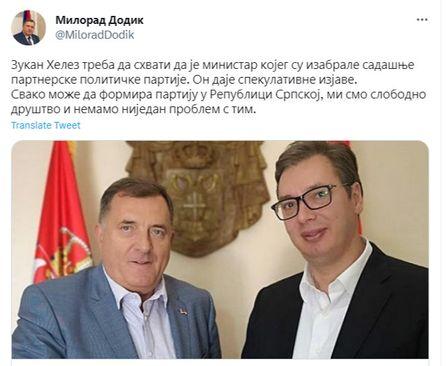 Objava Dodika na Twitteru  - Avaz