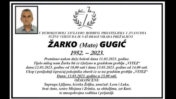 Osmrtnica za Žarka Gugića - Avaz