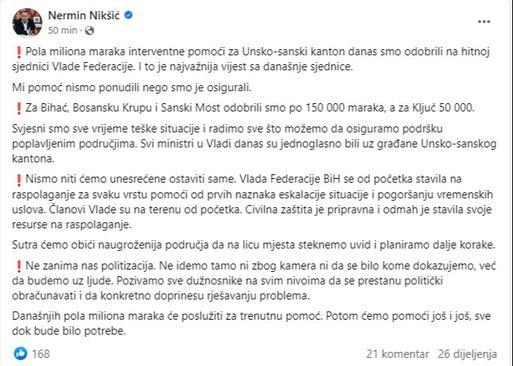 Facebook status Nermina Nikšića - Avaz