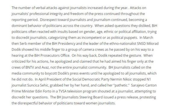 Faksimil izvještaja State Departmenta u kojem se spominje napad Dodika na novinare "Dnevnog avaza" - Avaz
