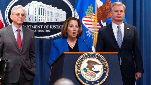 Deputy Attorney General Lisa Monaco flanked by Attorney General Merrick Garland, left, and Federal Bureau of Investigation (FBI) Director Christopher Wray speaks during a news conference to announce an international ransomware enforcement action, at the Department of Justice in Washington - Avaz