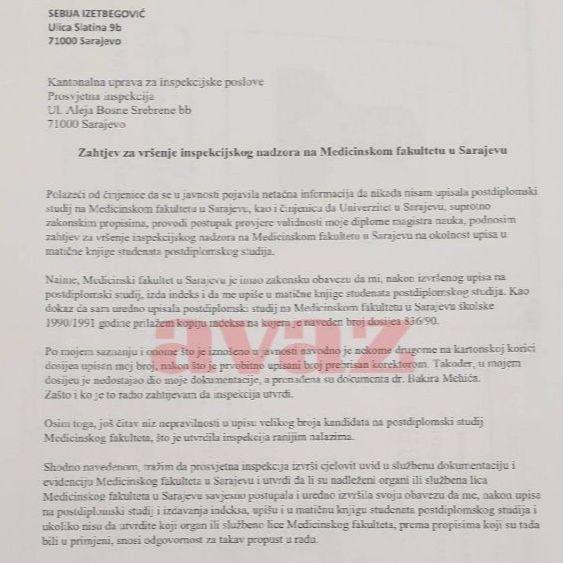 Sebija Izetbegović traži ulazak inspekcije na Medicinu, priložila kopiju indeksa!