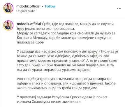Objava Dodika na Instagramu - Avaz