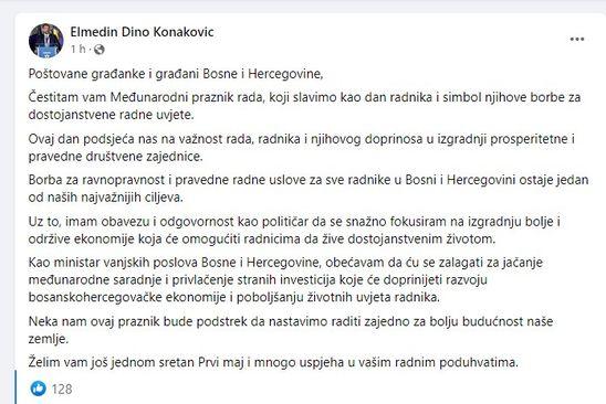 Facebook status Elmedina Konakovića - Avaz