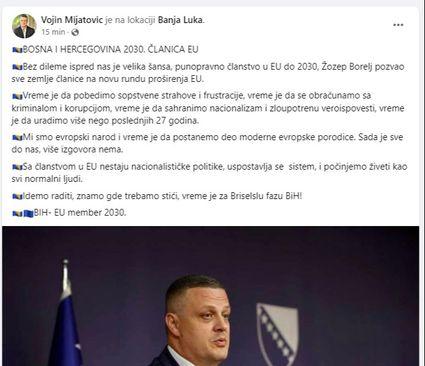 Facebook status Vojina Mijatovića - Avaz