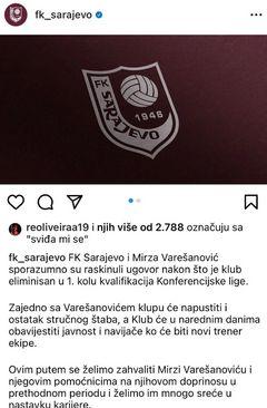 Objava FK Sarajevo na Instagramu - Avaz