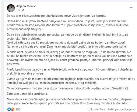 Facebook status Arijane Memić - Avaz