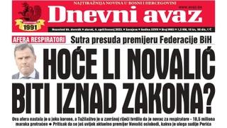 U današnjem izdanju "Dnevnog avaza" čitajte: Hoće li Novalić biti iznad zakona
