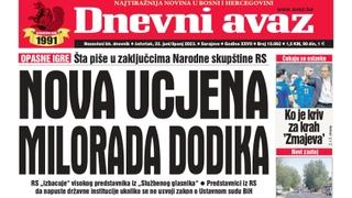 U današnjem "Dnevnom avazu" čitajte: Nova ucjena Milorada Dodika