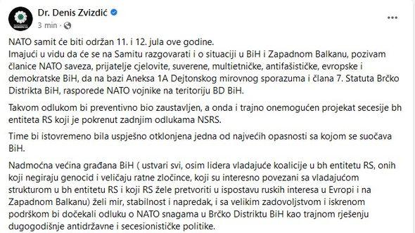 Objava Zvizdića - Avaz