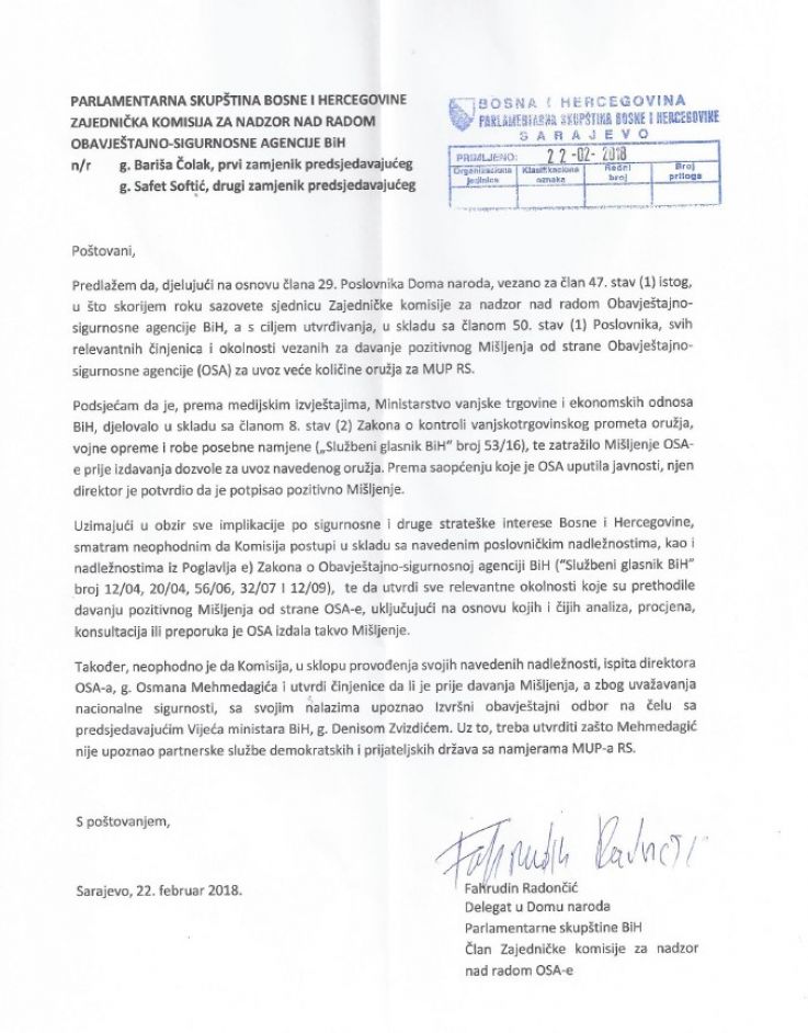 Kopija pisma predsjednika SBB-a upućenog gospodinu Čolaku i Softiću