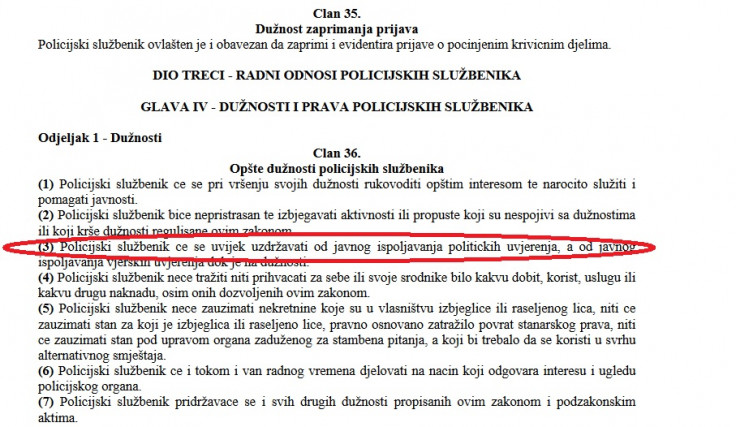 Faksimil člana 36. Zakona o policijskim službenicima BiH koji precizno pojašnjava koji je prekršaj napravio Ilić   