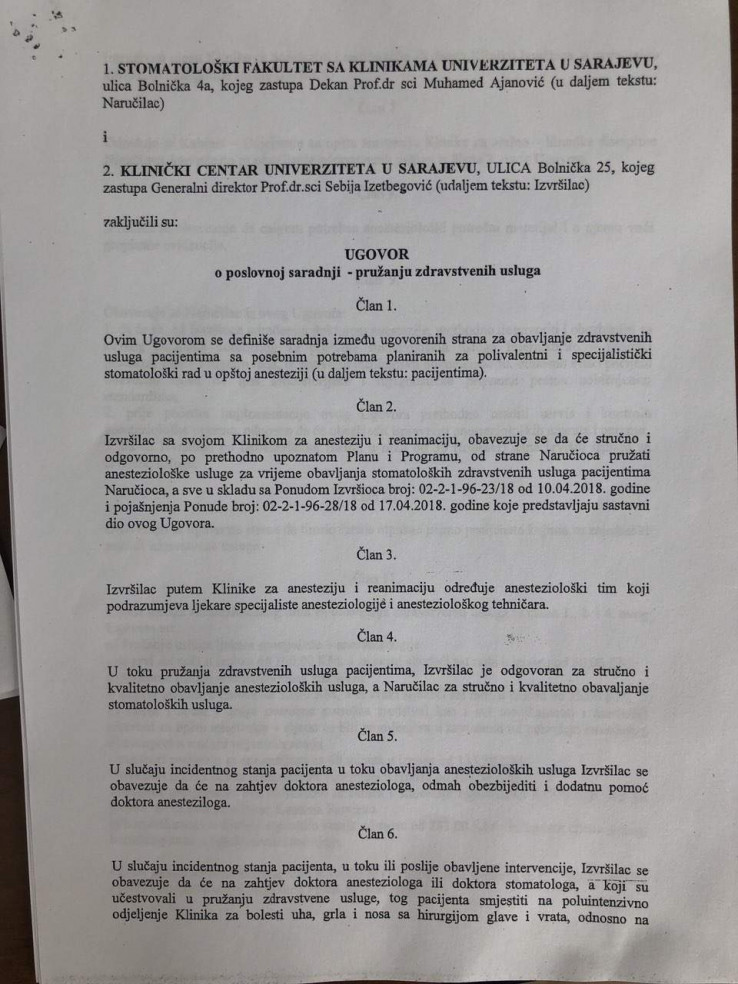 Faksimil ugovora Stomatologije i KCUS-a  - Avaz, Dnevni avaz, avaz.ba