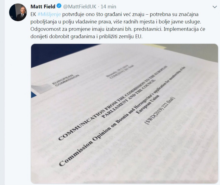 Faksimil objave ambasadora Filda na Twitteru  - Avaz, Dnevni avaz, avaz.ba