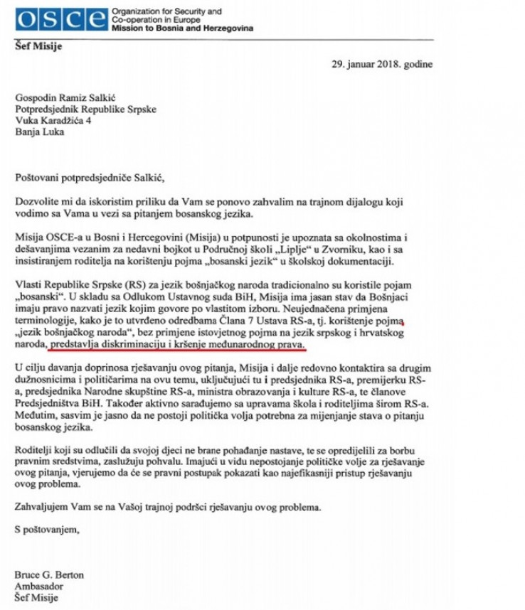 Faksimil odgovora koji je OSCE poslao Salkiću 