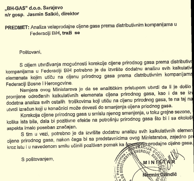 Faksimil dopisa Džindića prema "BH-Gasu" - Avaz, Dnevni avaz, avaz.ba