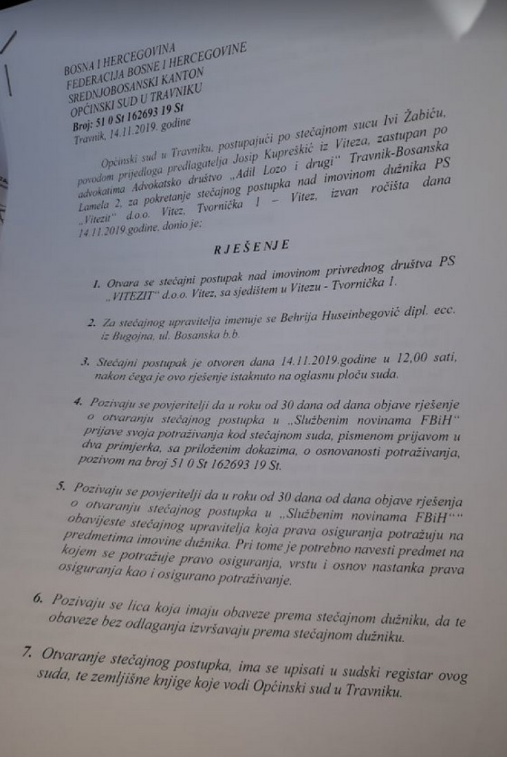 Rješenje Općinskog suda u Travniku - Avaz, Dnevni avaz, avaz.ba
