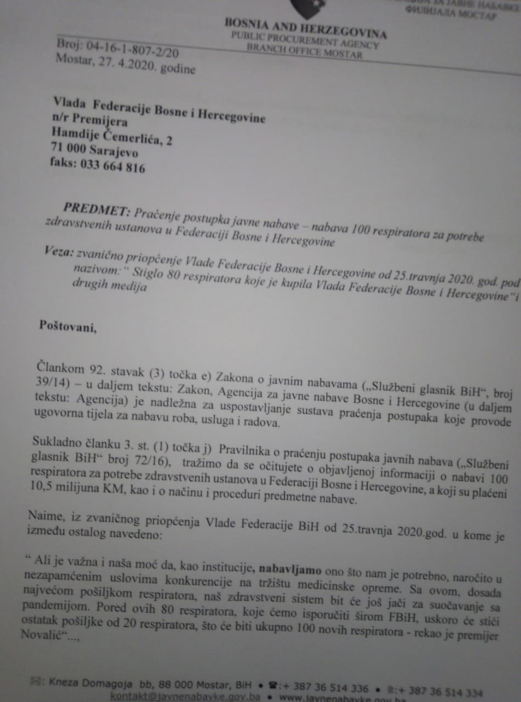 Faksimil dopisa Agencije za javne nabavke Vladi FBiH - Avaz, Dnevni avaz, avaz.ba