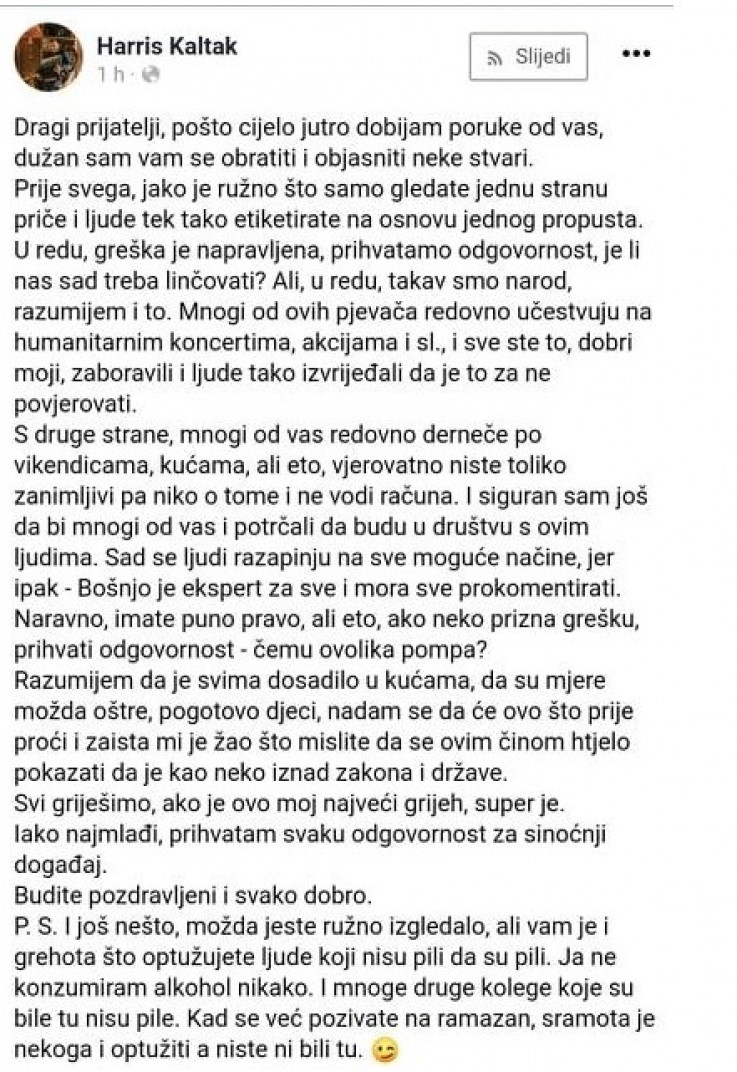 Objava muzičara Harisa Kaltaka - Avaz, Dnevni avaz, avaz.ba