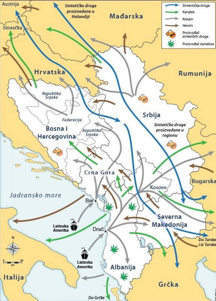 Mapa kretanja narkotika prema Globalnoj inicijativi protiv transnacionalnog  kriminala