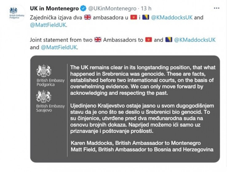 Zajednička poruka ambasadora Velike Britanije u Bosni i Hercegovini i Crnoj Gori 