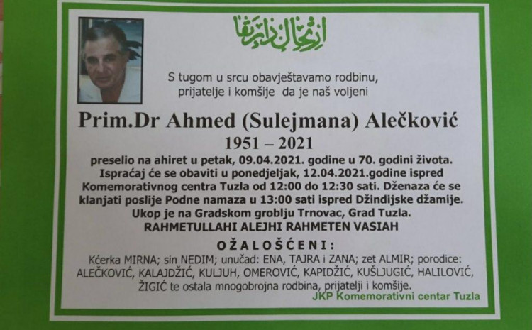 Osmrtnica Ahmeda Alečkovića