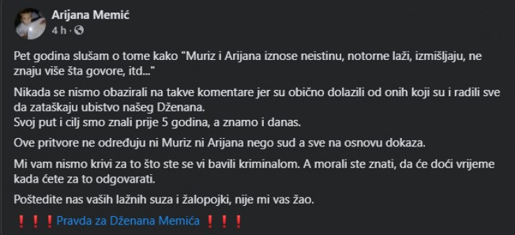 Status Arijane Memić na Facebooku