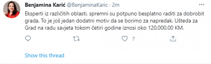 Objava Benjamine Karić na Twitteru