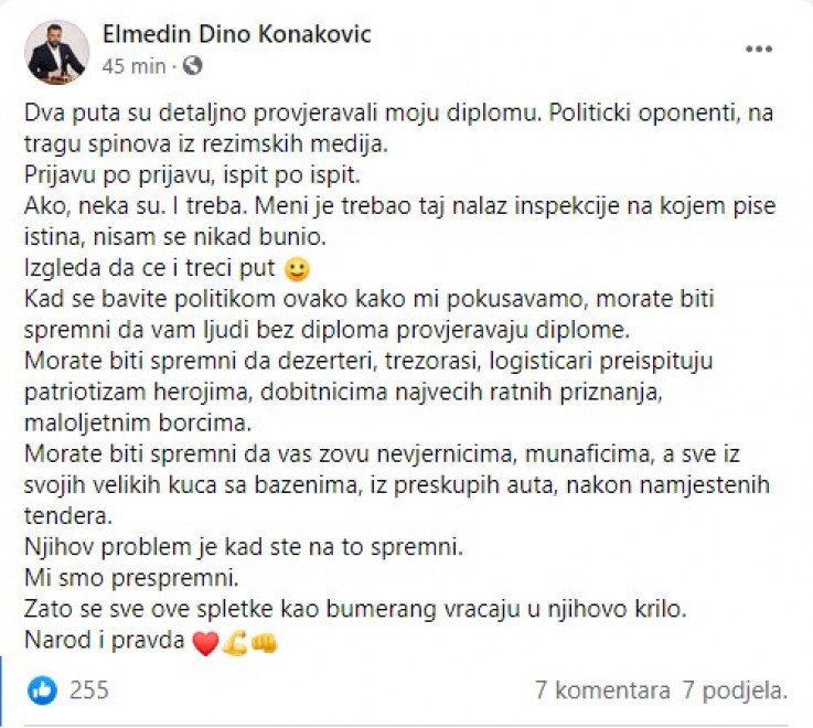 Objava Elmedina KOnakovića na Facebooku