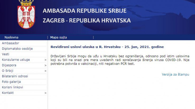 Objava na stranici Ambasade Srbije