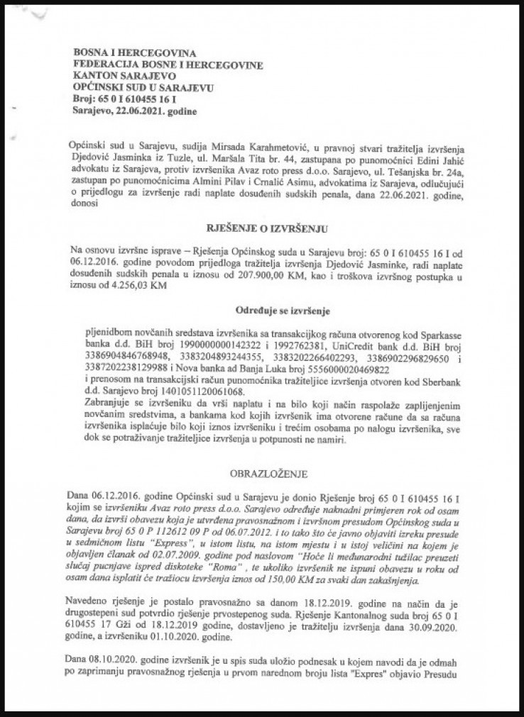 Facsimile of the first page of the decision of judge Karahmetović, which takes a total of 212,000 KM from "Avaz"