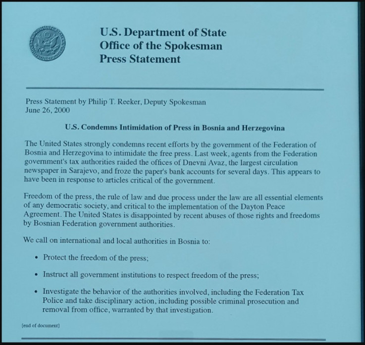 Facsimile of the State Department's reaction of June 26, 2000 to the SDA authorities' attempt to impose tax evasion on "Avaz"