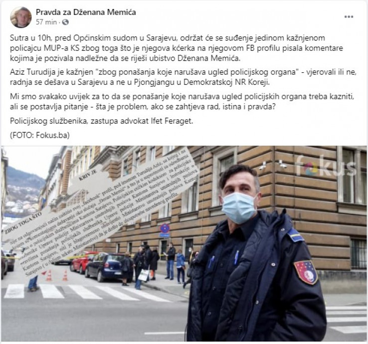 Faksimil statusa s grupe "Pravde za Dženana Memića"